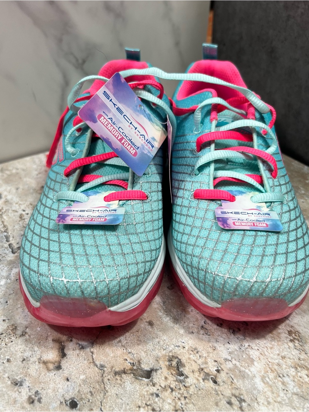 Skechers Kids Teal and Bright Pink Slip-On Lace Sneakers